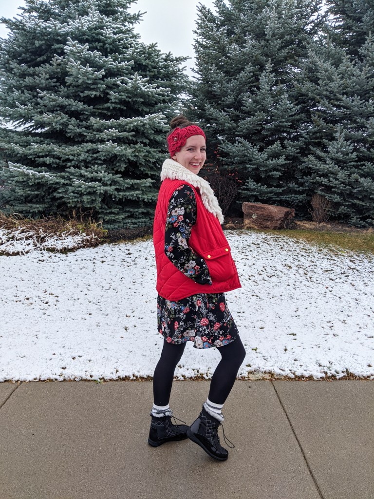 \"floral-dress-snow-boots-winter-dressing-red-earwarmer-quilted-vest\"